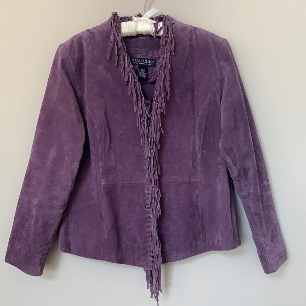 Dialogue purple 100% leather fringed jacket shoulder pads fully lined size M